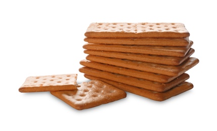 Stack of delicious crispy crackers isolated on white