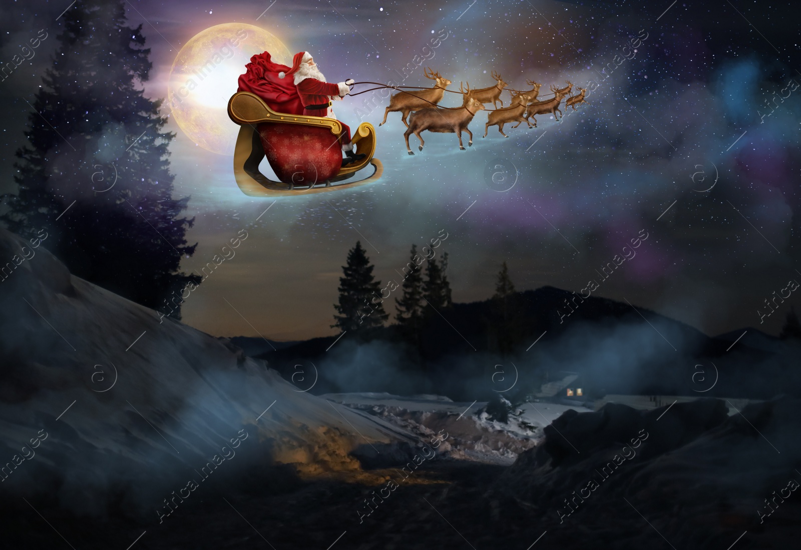 Image of Magic Christmas eve. Santa with reindeers flying in sky on full moon night