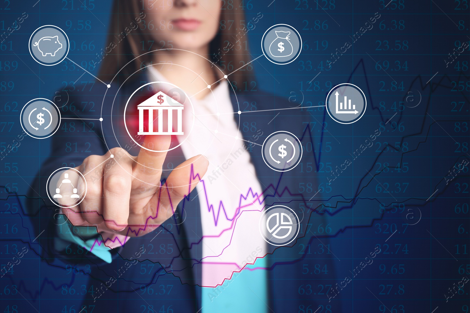 Image of Fintech concept. Woman pointing at icon on virtual screen