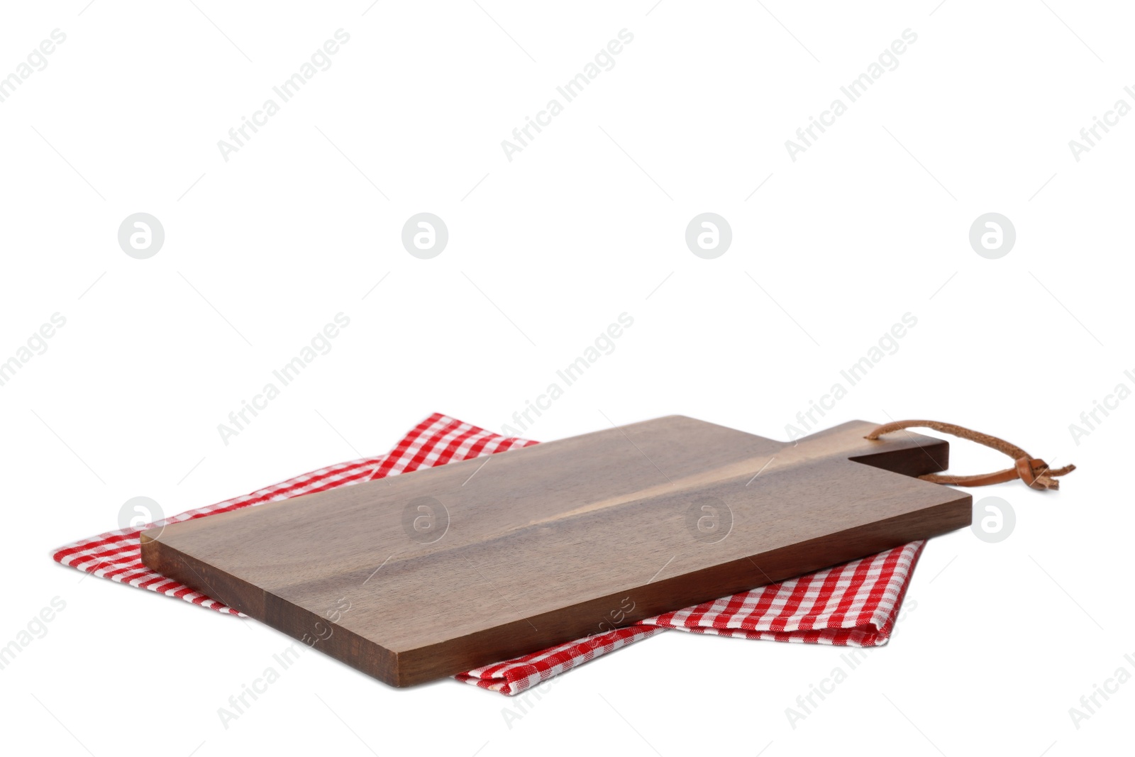 Photo of Wooden board and checkered napkin isolated on white