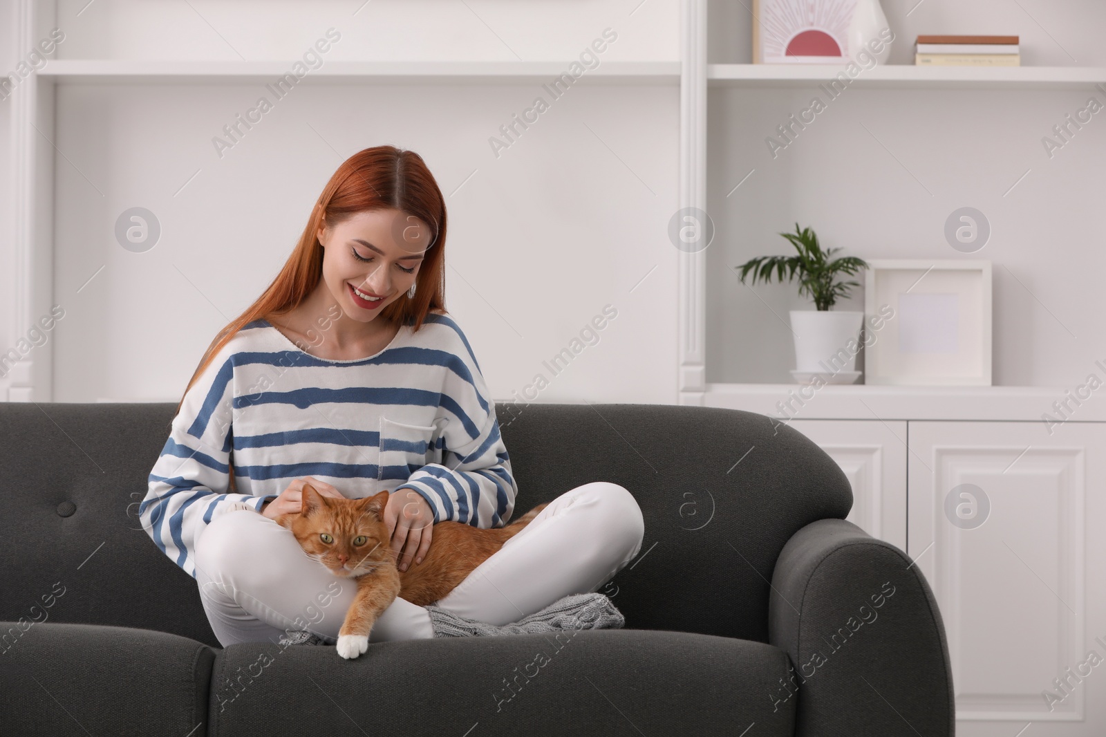 Photo of Happy woman with her cute cat on sofa at home, space for text