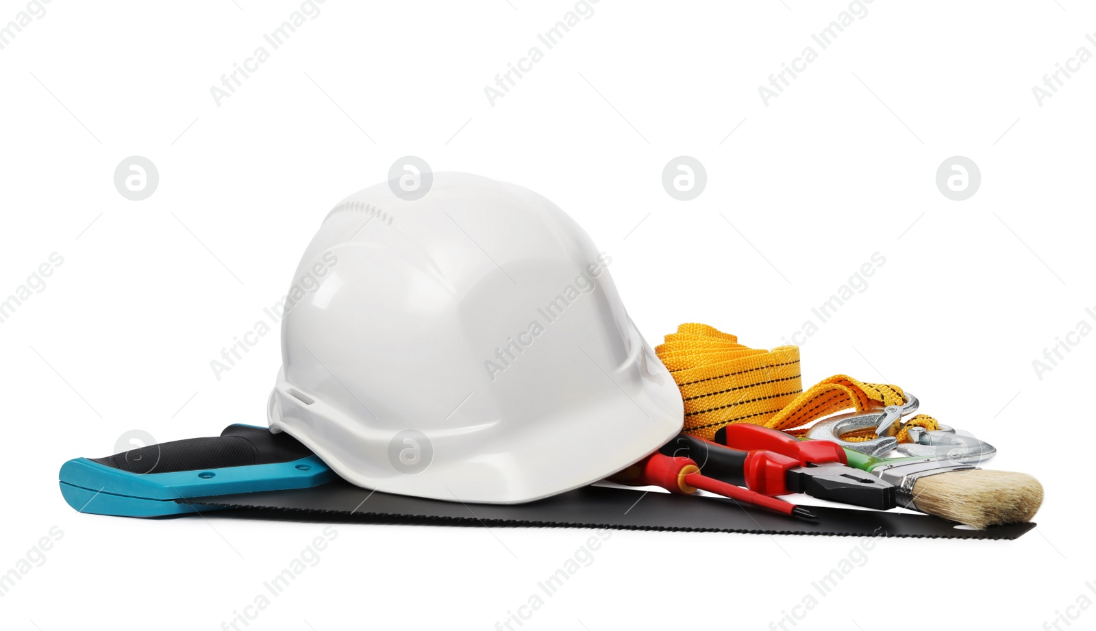 Photo of Composition with different construction tools isolated on white
