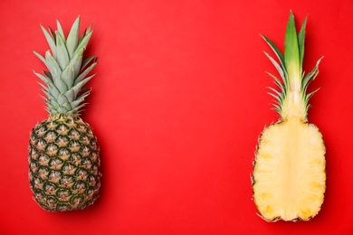 Photo of Fresh pineapples on color background