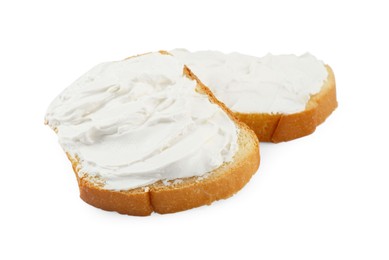 Slices of bread with cream cheese isolated on white