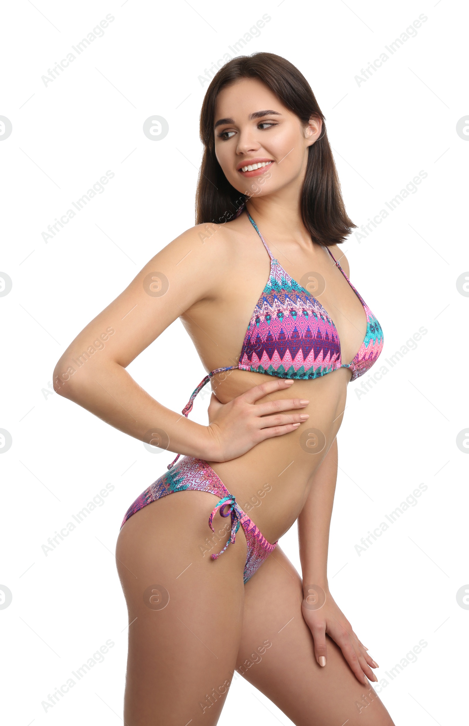 Photo of Beautiful woman in stylish bikini on white background