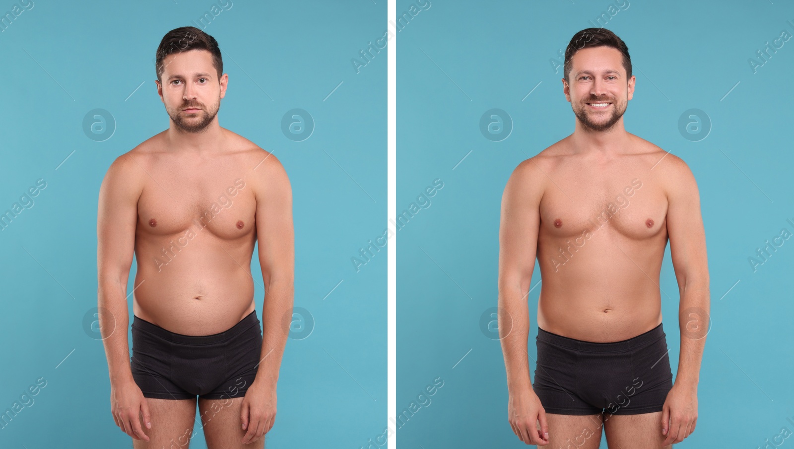 Image of Collage with portraits of man before and after weight loss on light blue background