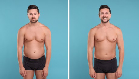 Image of Collage with portraits of man before and after weight loss on light blue background