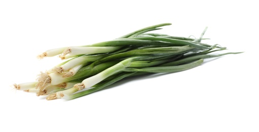 Photo of Bunch of fresh green onions isolated on white