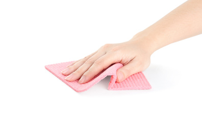 Photo of Woman with rag on white background, closeup of hand