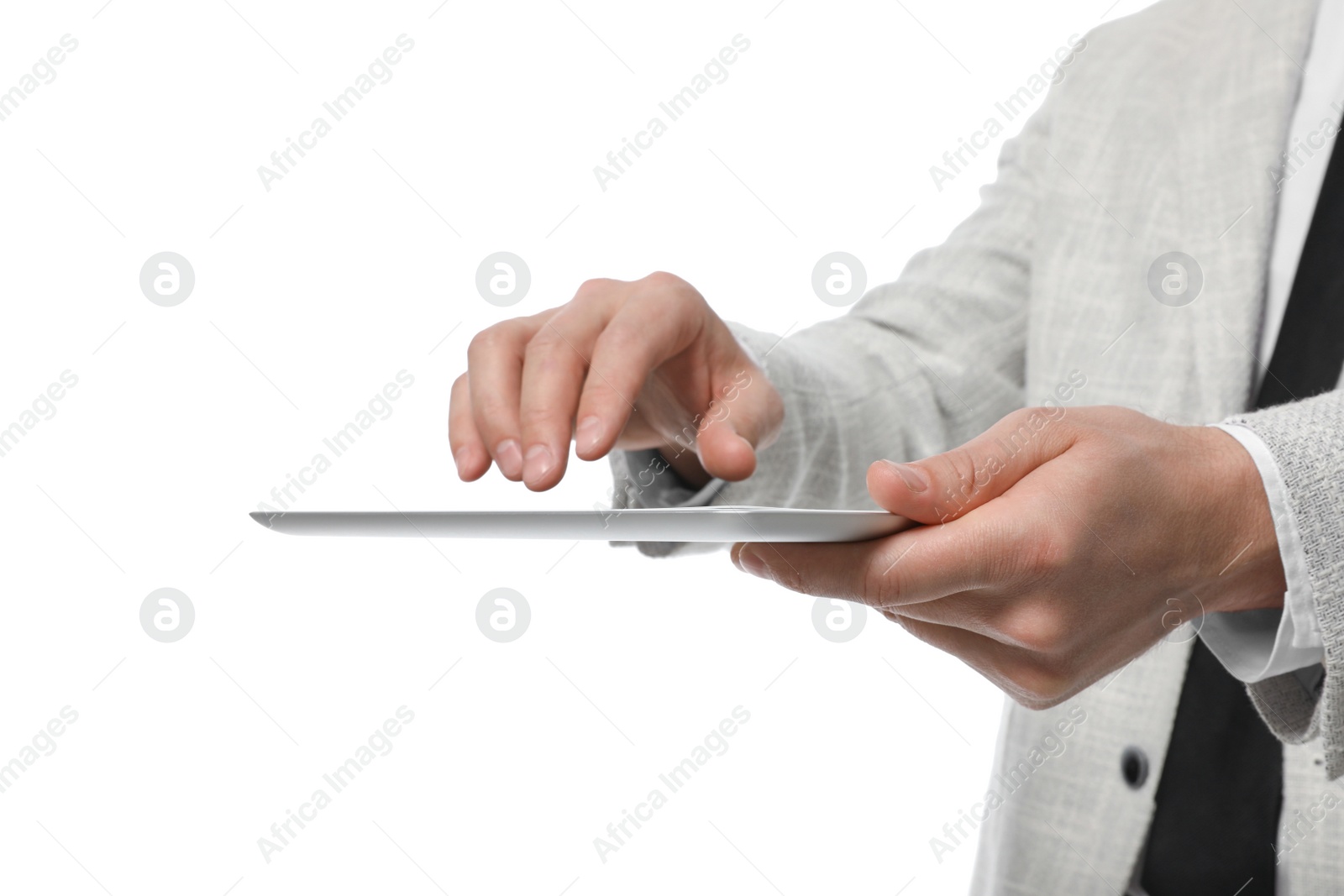 Photo of Businessman using tablet computer on white background, closeup