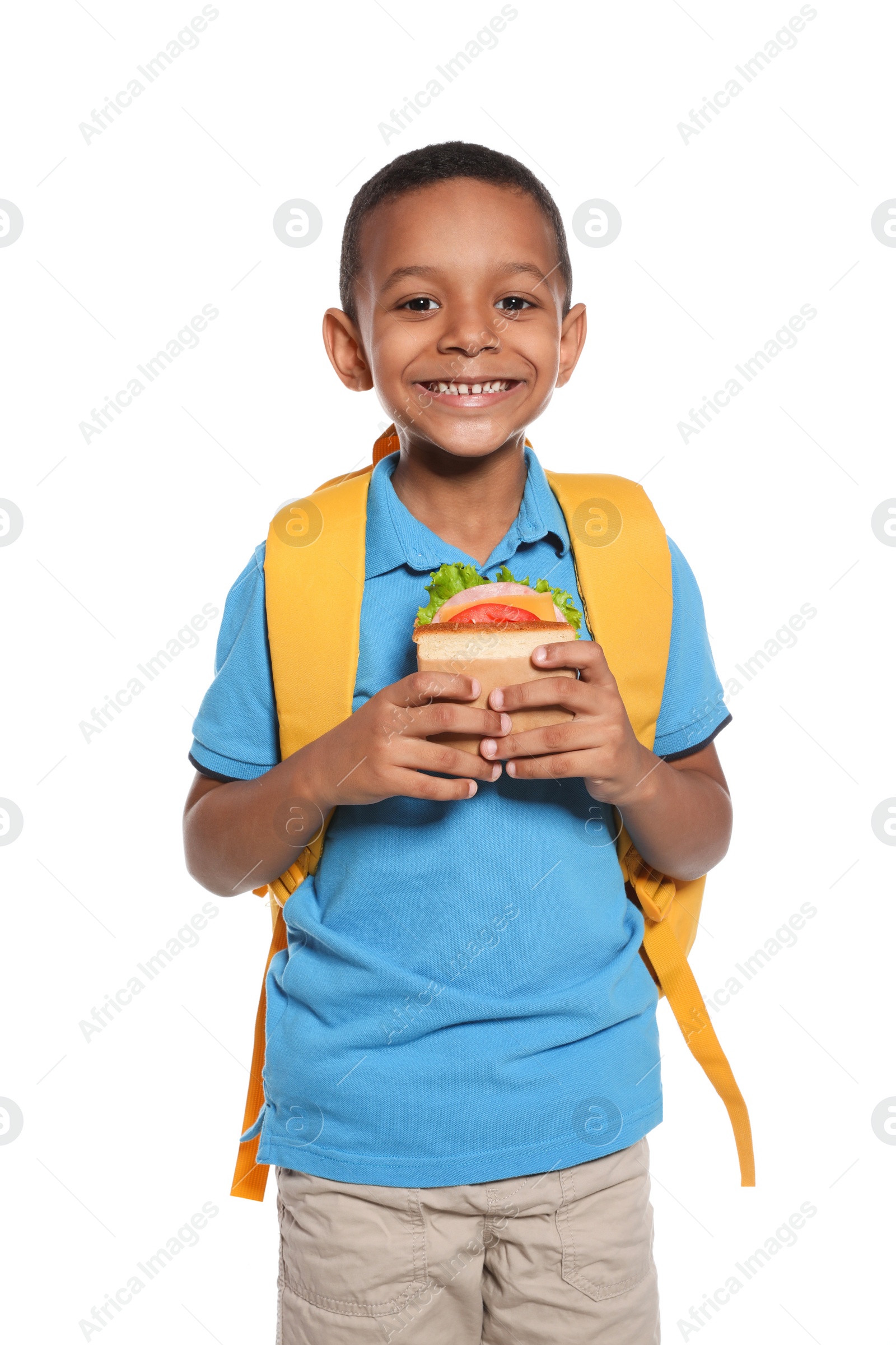 Photo of African-American schoolboy with healthy food and backpack on white background