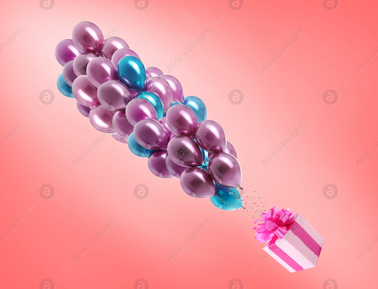 Image of Many balloons tied to pink gift box on pink background