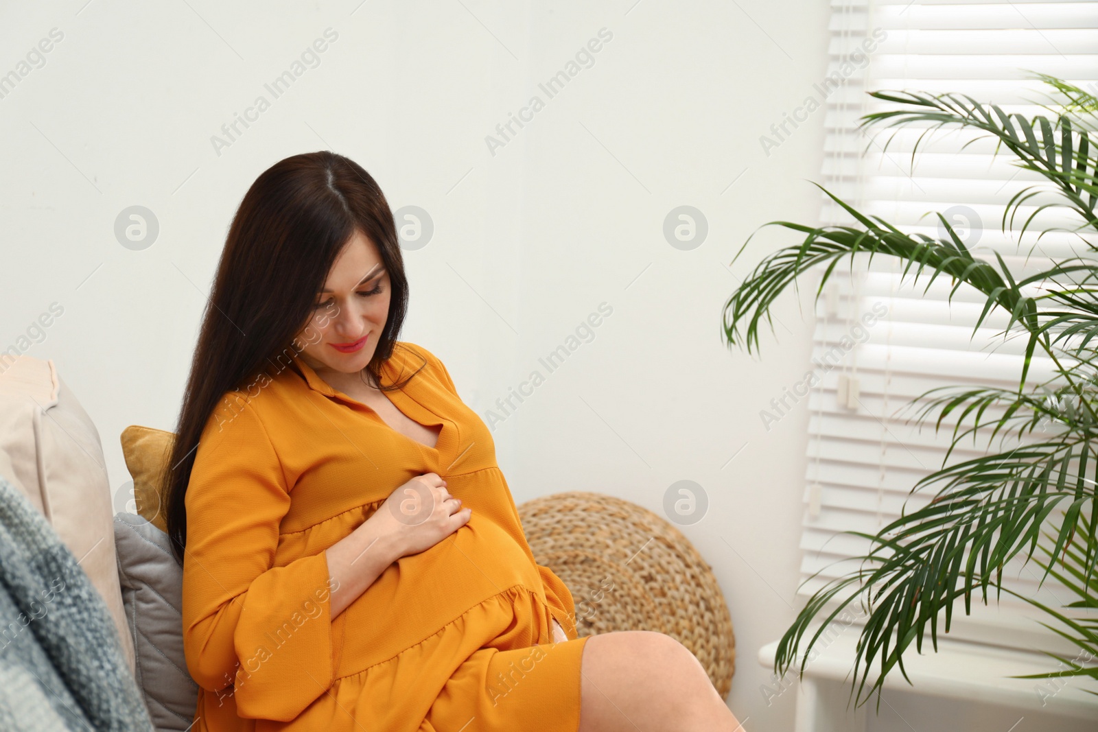 Photo of Beautiful pregnant woman sitting on sofa at home