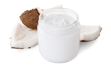 Photo of Jar of hand cream and coconut pieces on white background