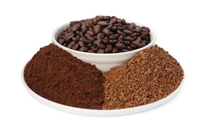 Plate with instant and ground coffee, roasted beans on white background