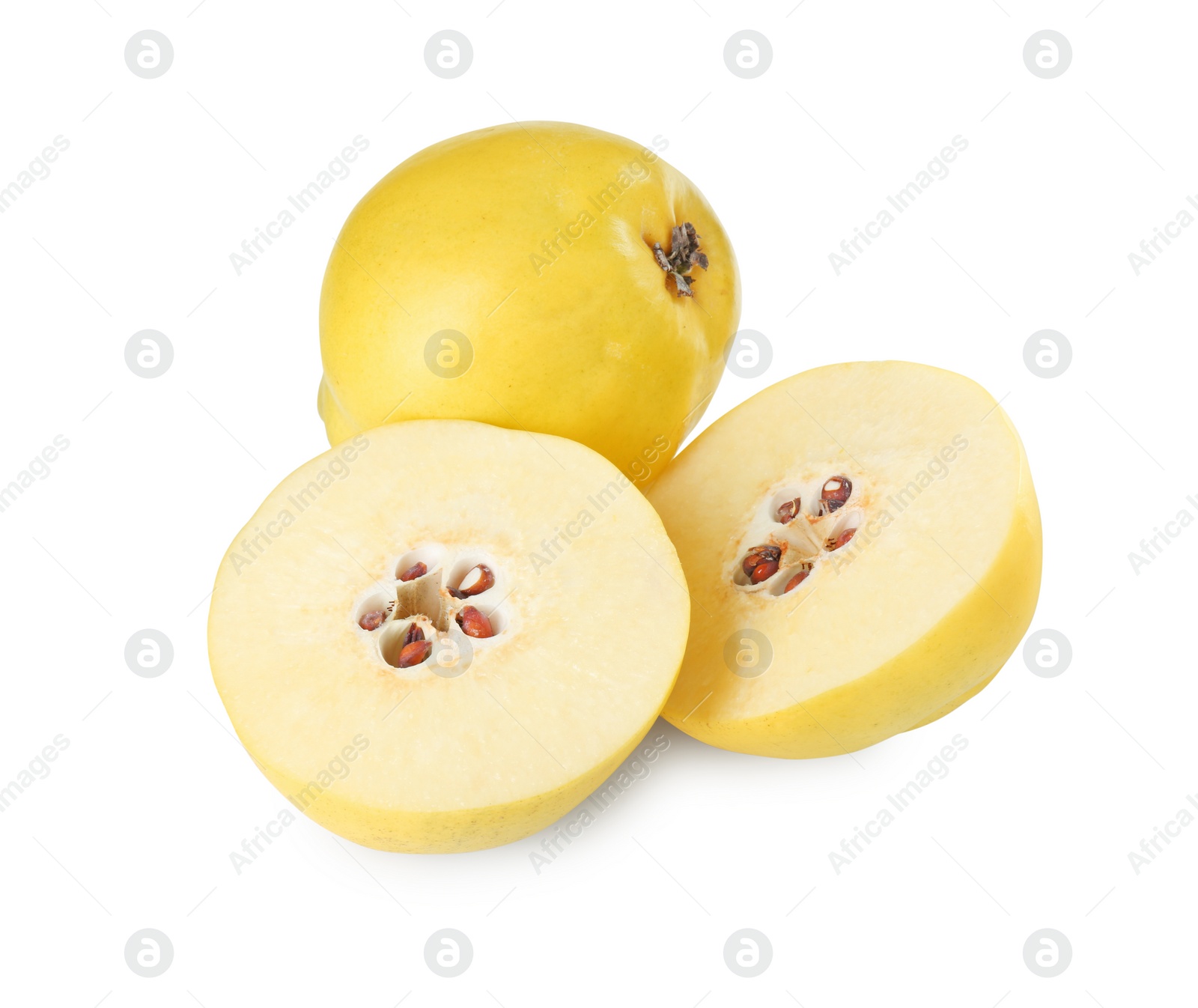 Photo of Ripe whole and cut quinces isolated on white