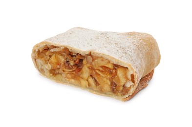 Photo of Delicious cut strudel with apples, nuts and raisins isolated on white