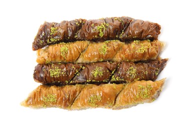 Photo of Delicious sweet baklava on white background, top view