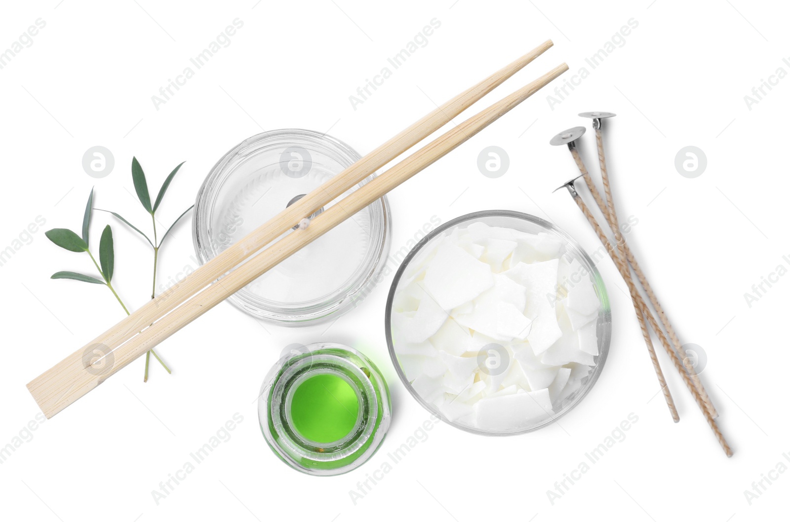 Photo of Ingredients for homemade candle on white background, top view