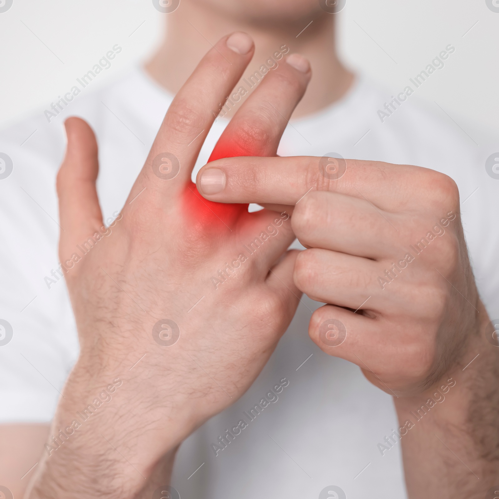 Image of Man suffering from rheumatism on light background, closeup