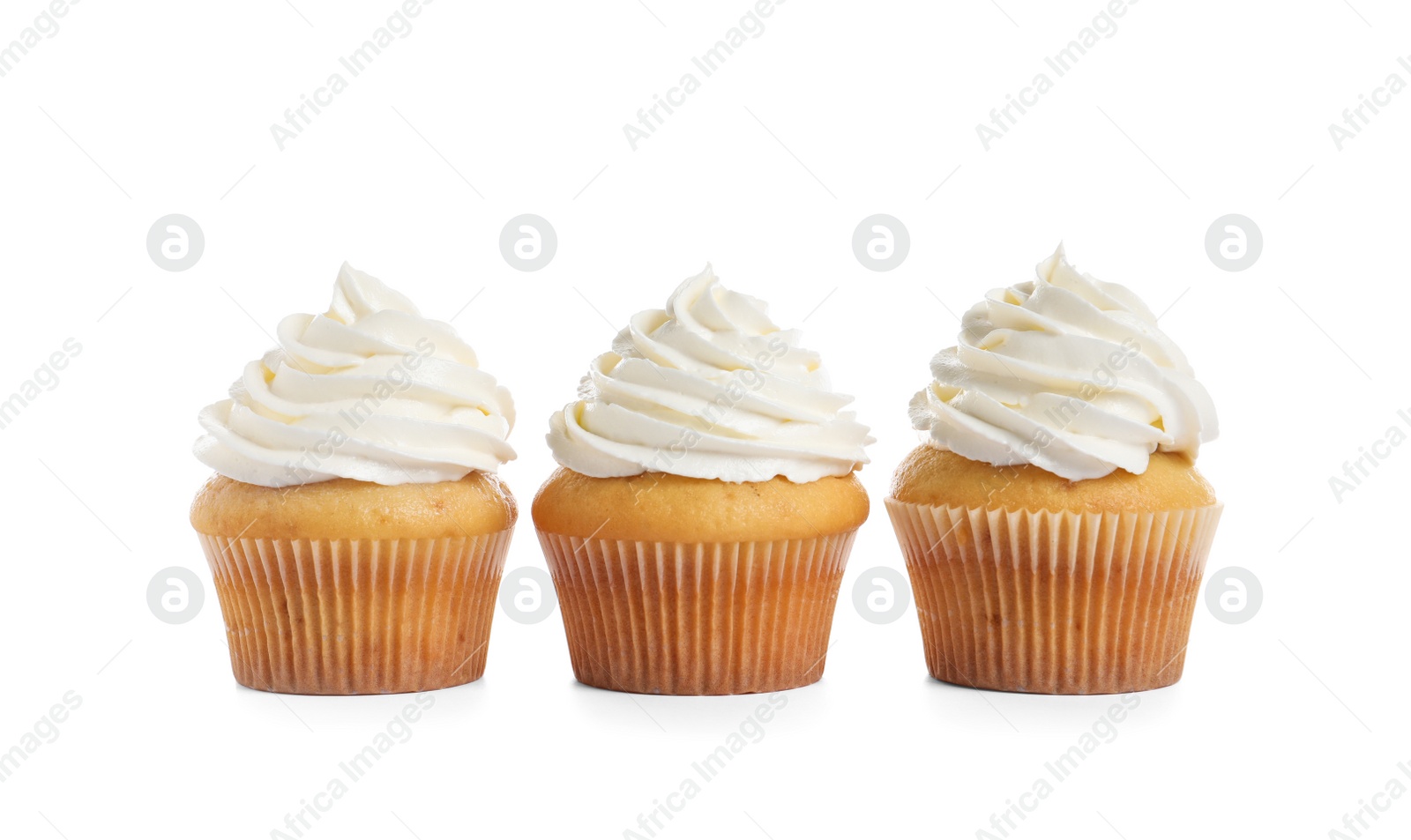 Photo of Delicious cupcakes decorated with cream on white background