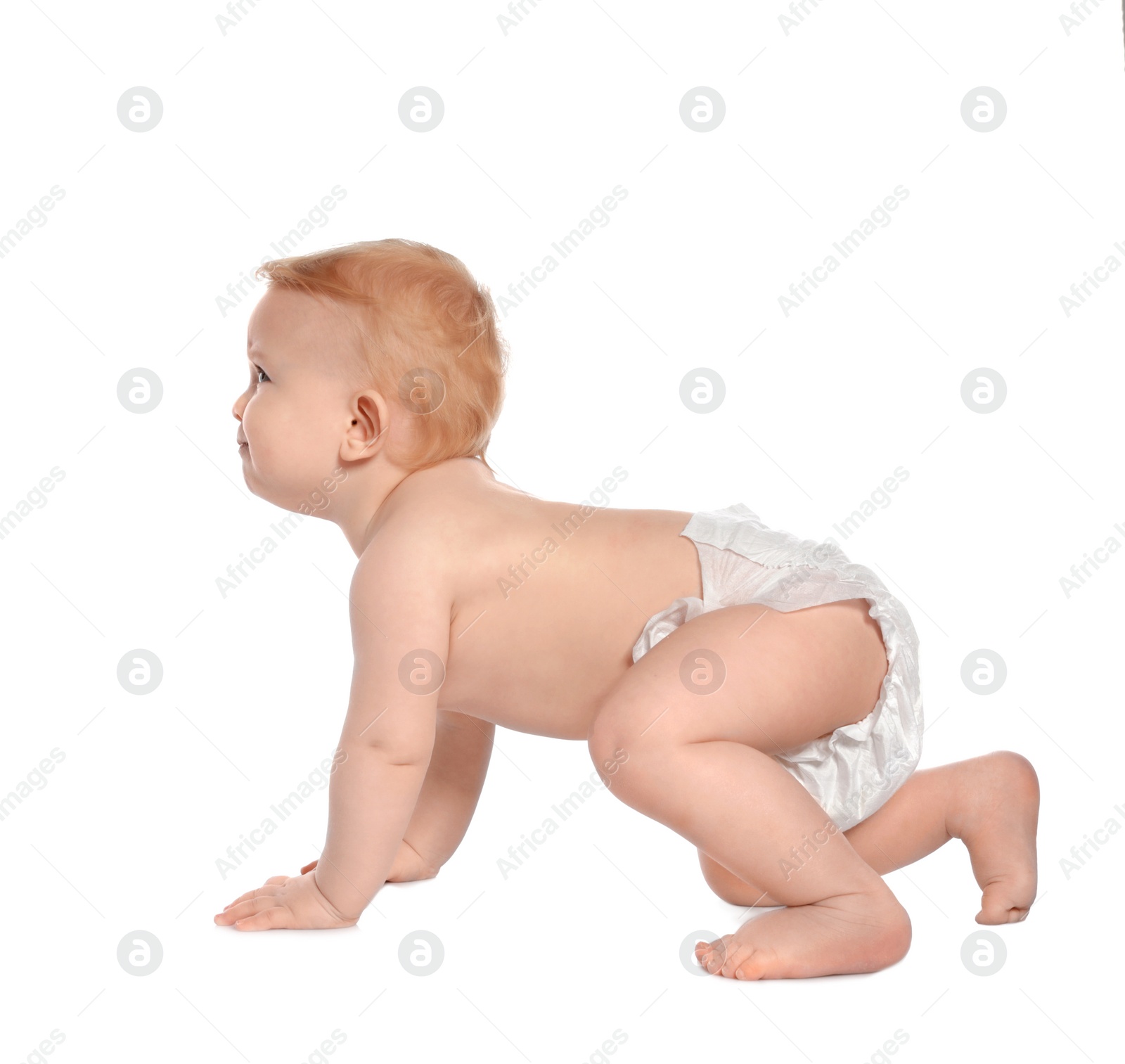 Photo of Cute little baby crawling on white background