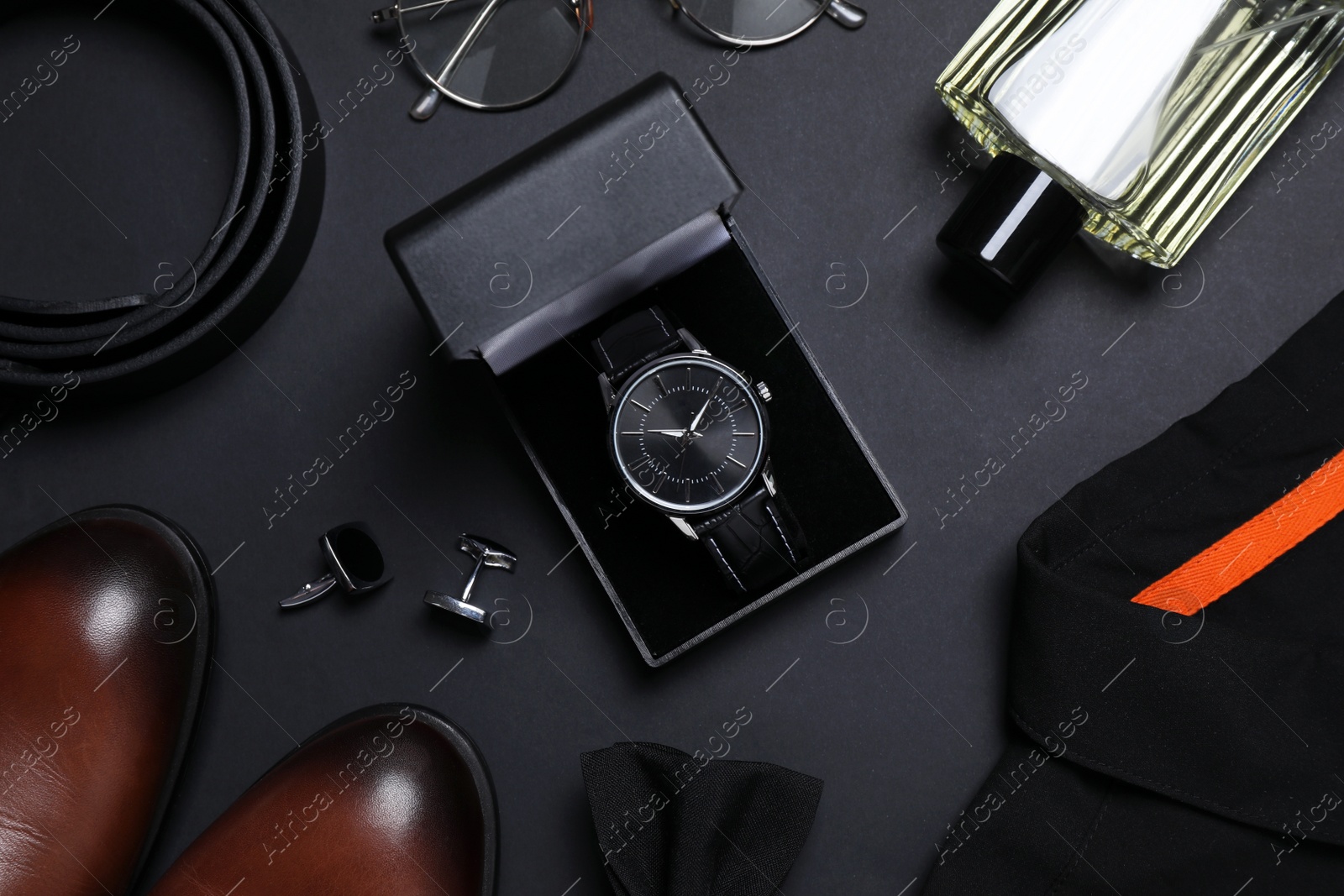 Photo of Men set with stylish accessorizes on black background, flat lay