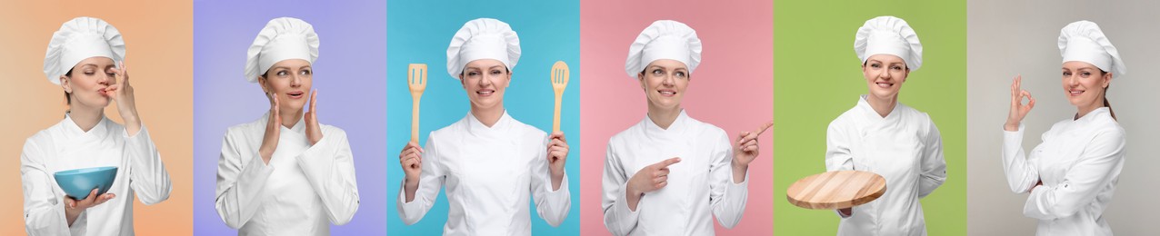 Collage with photos of professional chef on different color backgrounds