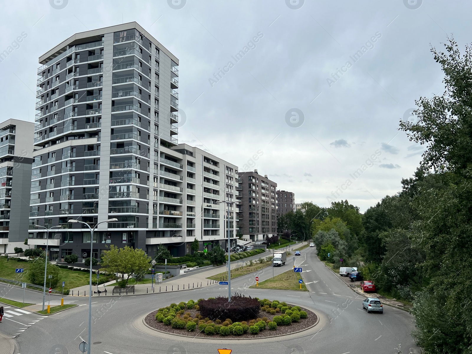 Photo of Beautiful cityscape with residential buildings and road