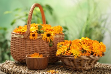 Beautiful fresh calendula flowers on table against blurred green background