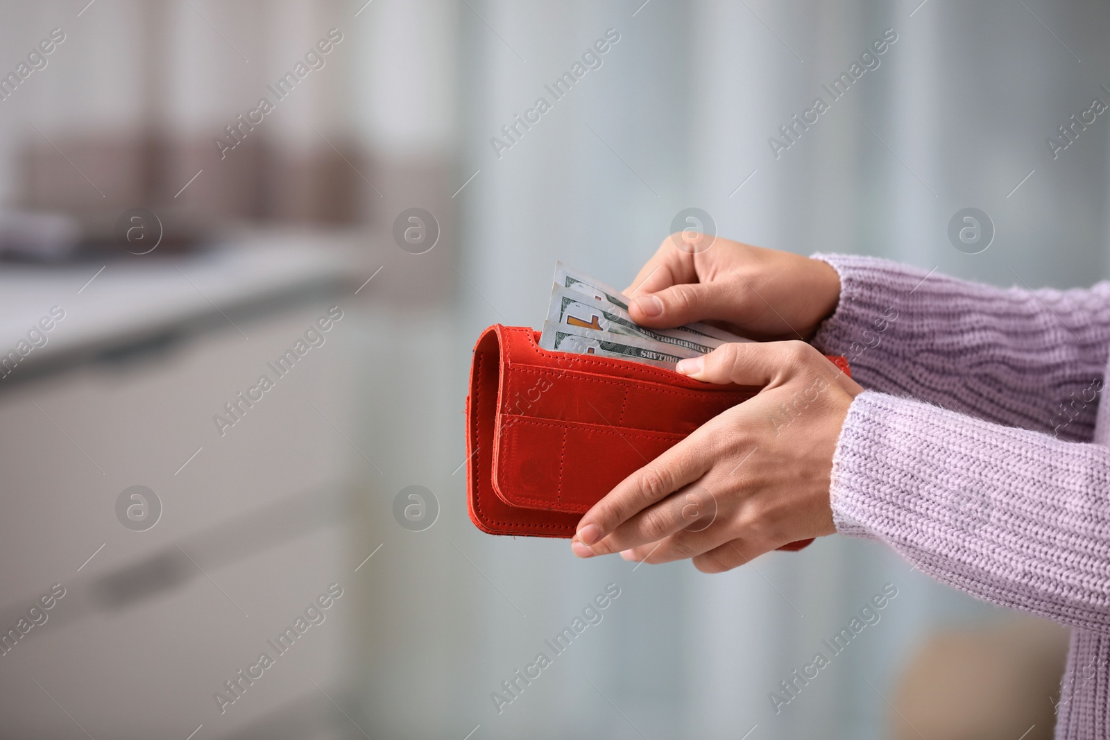 Photo of Woman with American money in wallet indoors, closeup. Space for text