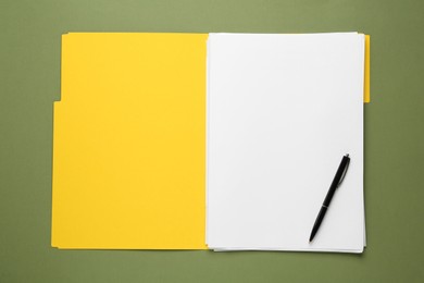 Yellow file with blank sheets of paper and pen on olive background, top view. Space for design