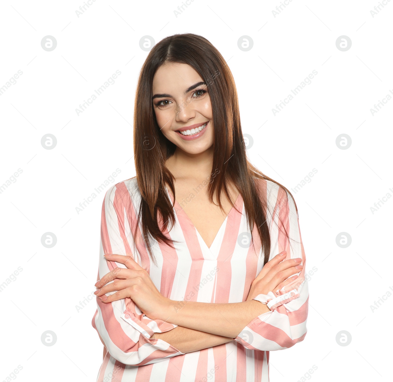 Photo of Portrait of beautiful smiling woman in stylish clothes on white background