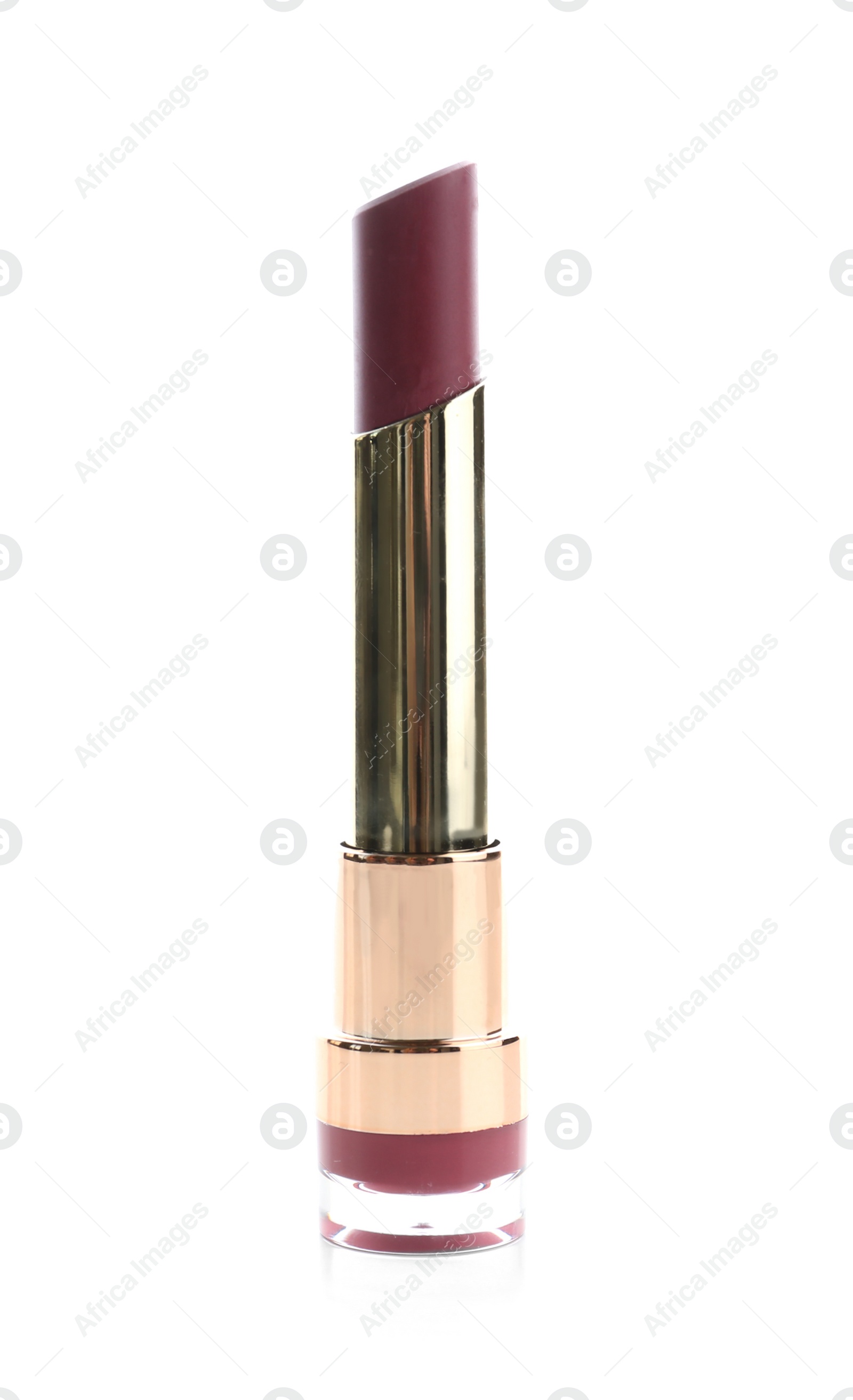Photo of Beautiful lipstick on white background. Trendy makeup product