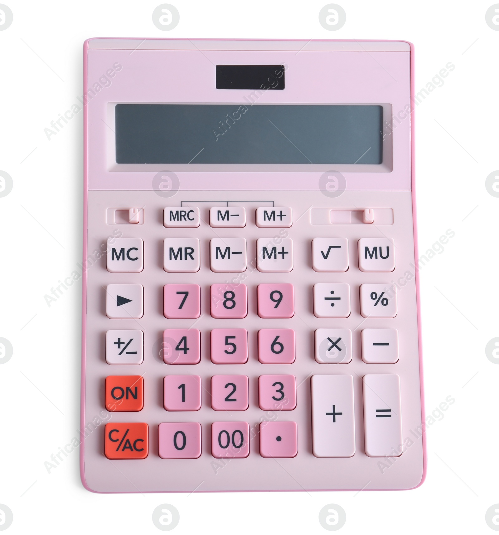 Photo of Pink calculator on white background, top view. School stationery