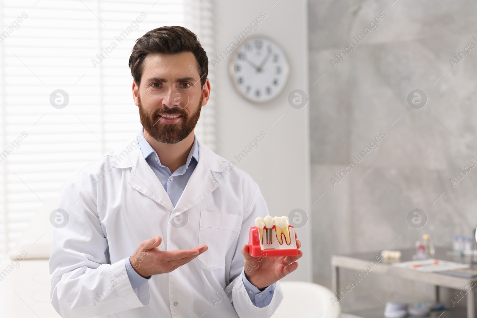 Photo of Doctor demonstrating educational model of dental implant in clinic, space for text