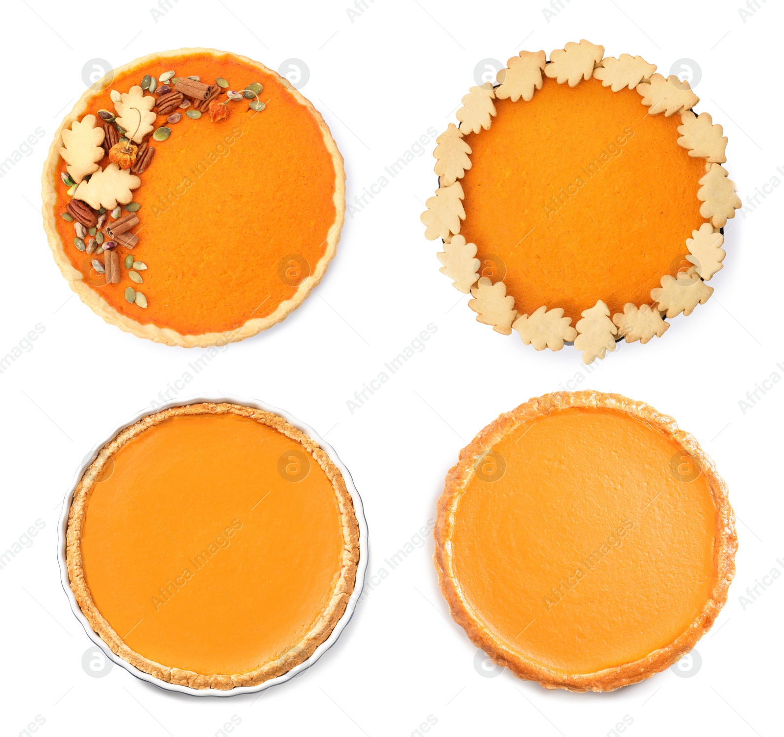 Image of Set of tasty pumpkin pies on white background, top view