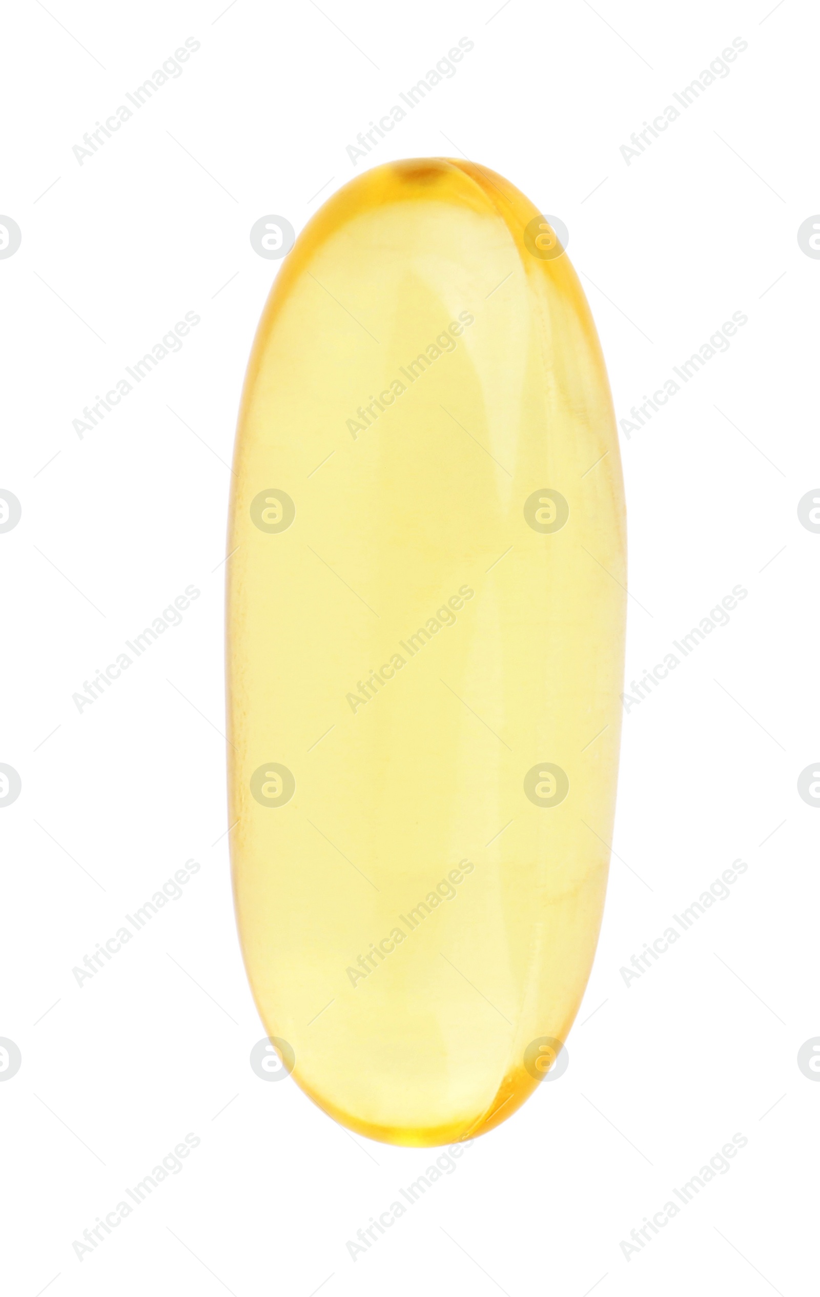 Photo of One yellow vitamin capsule isolated on white, top view