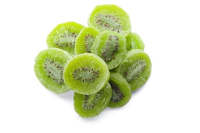 Photo of Slices of kiwi on white background, top view. Dried fruit as healthy food