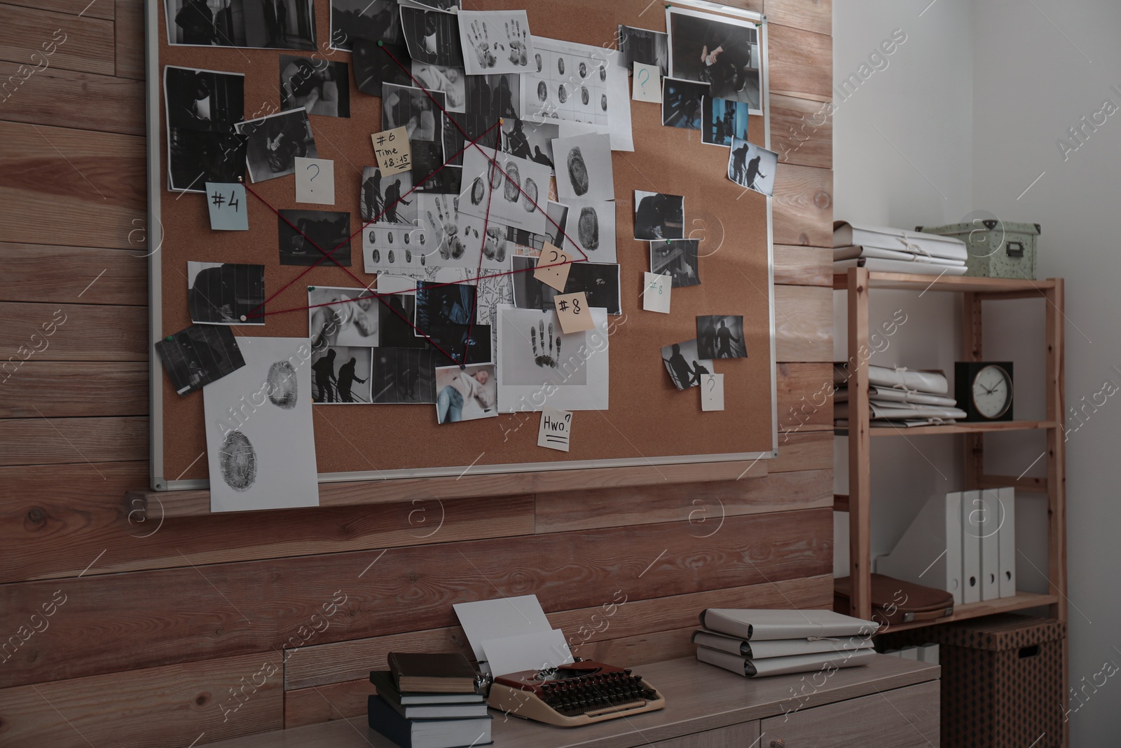 Photo of Detective office interior with evidence board on wall