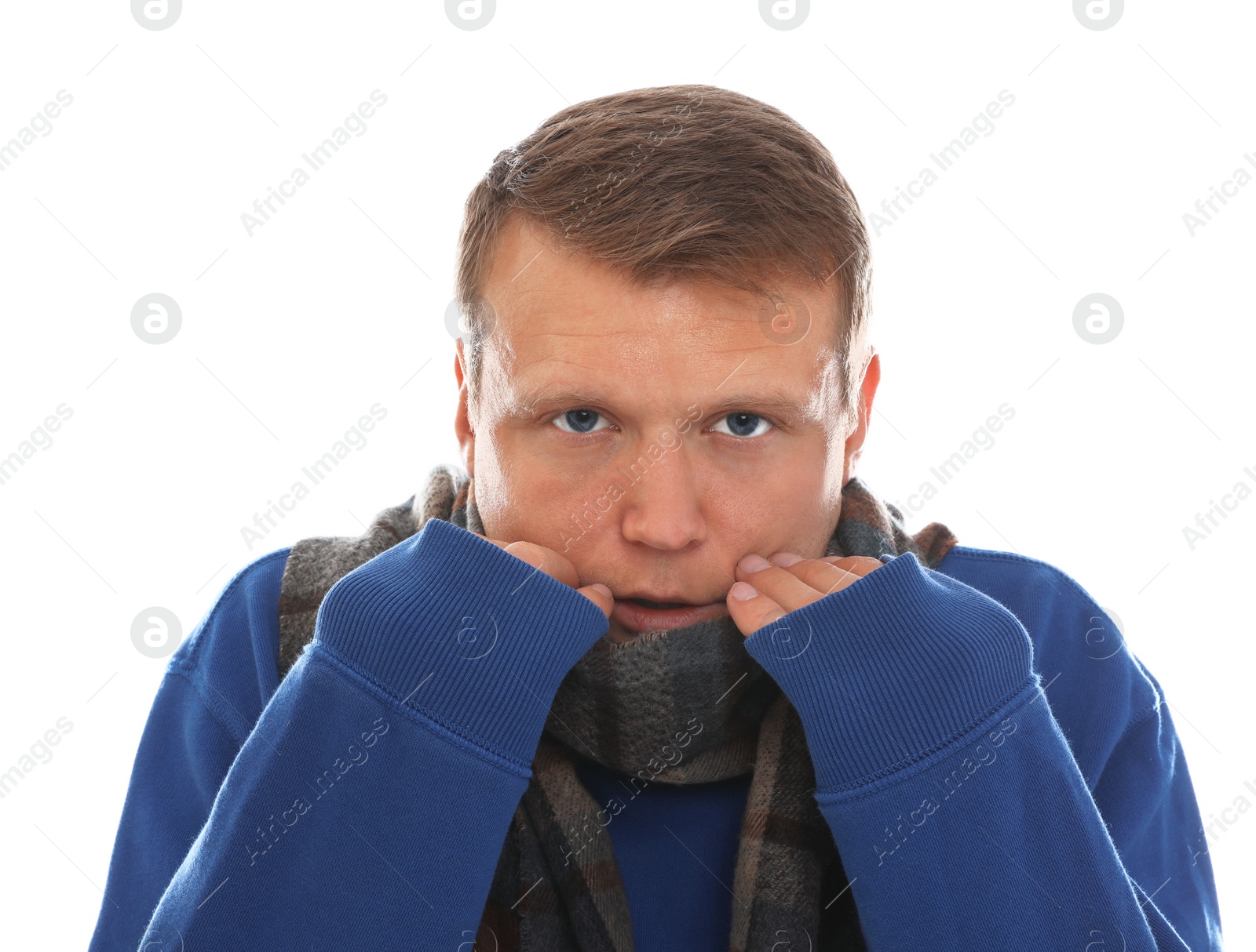 Photo of Man suffering from cold on white background
