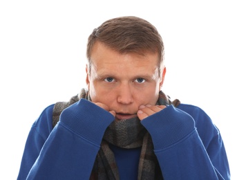 Man suffering from cold on white background