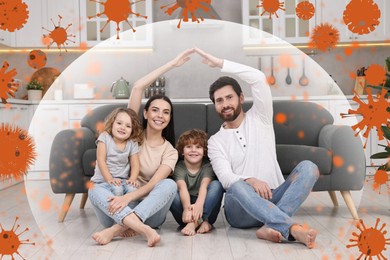 Happy family with strong immunity at home. Bubble around them blocking viruses, illustration
