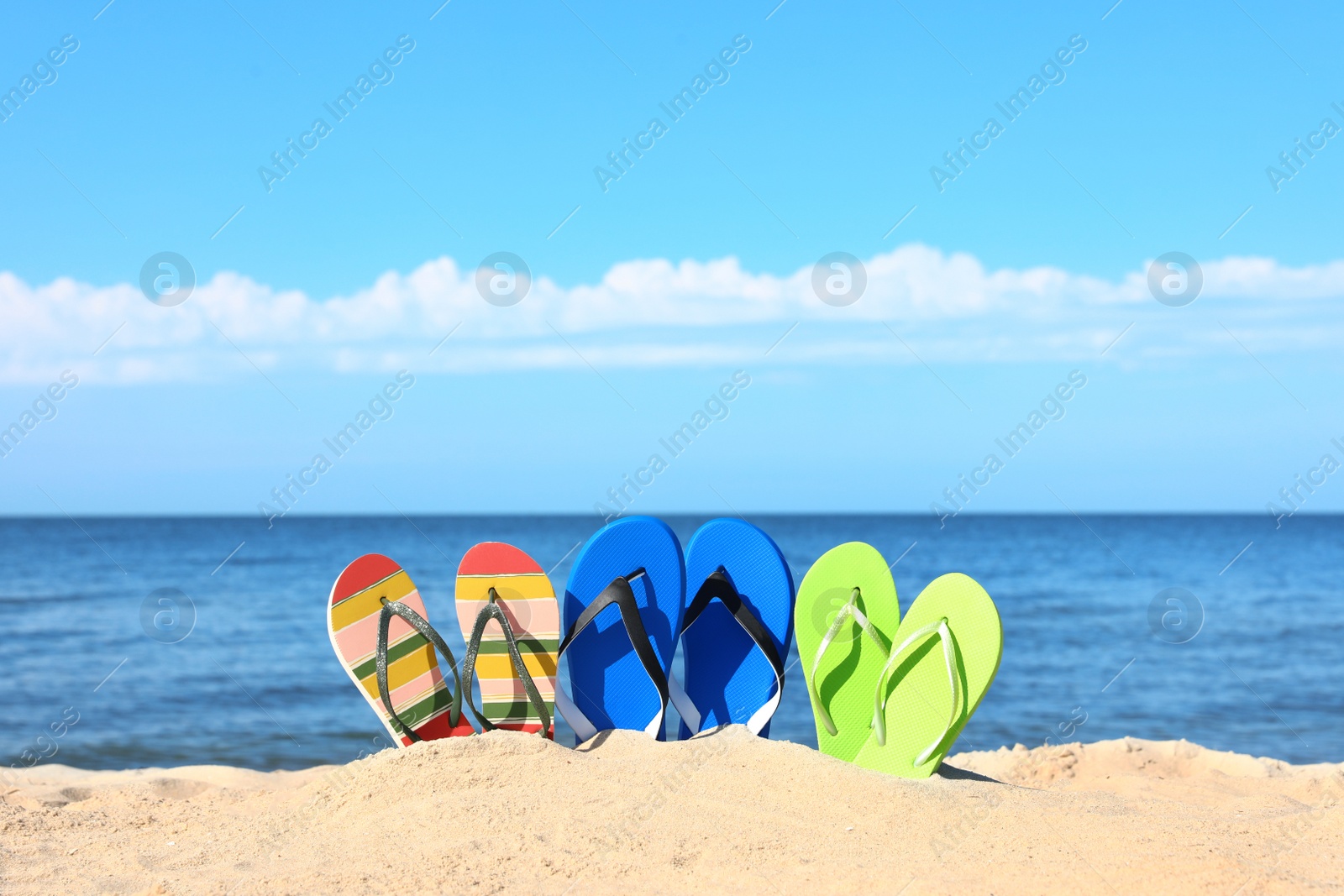 Photo of Composition with beach accessories on sand near sea in summer