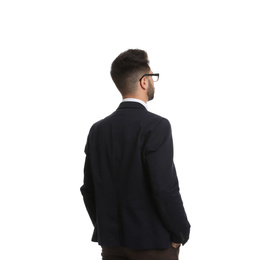 Photo of Young businessman in suit on white background