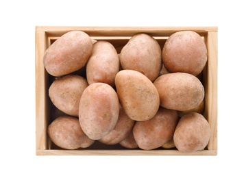 Wooden crate with fresh ripe organic potatoes on white background, top view