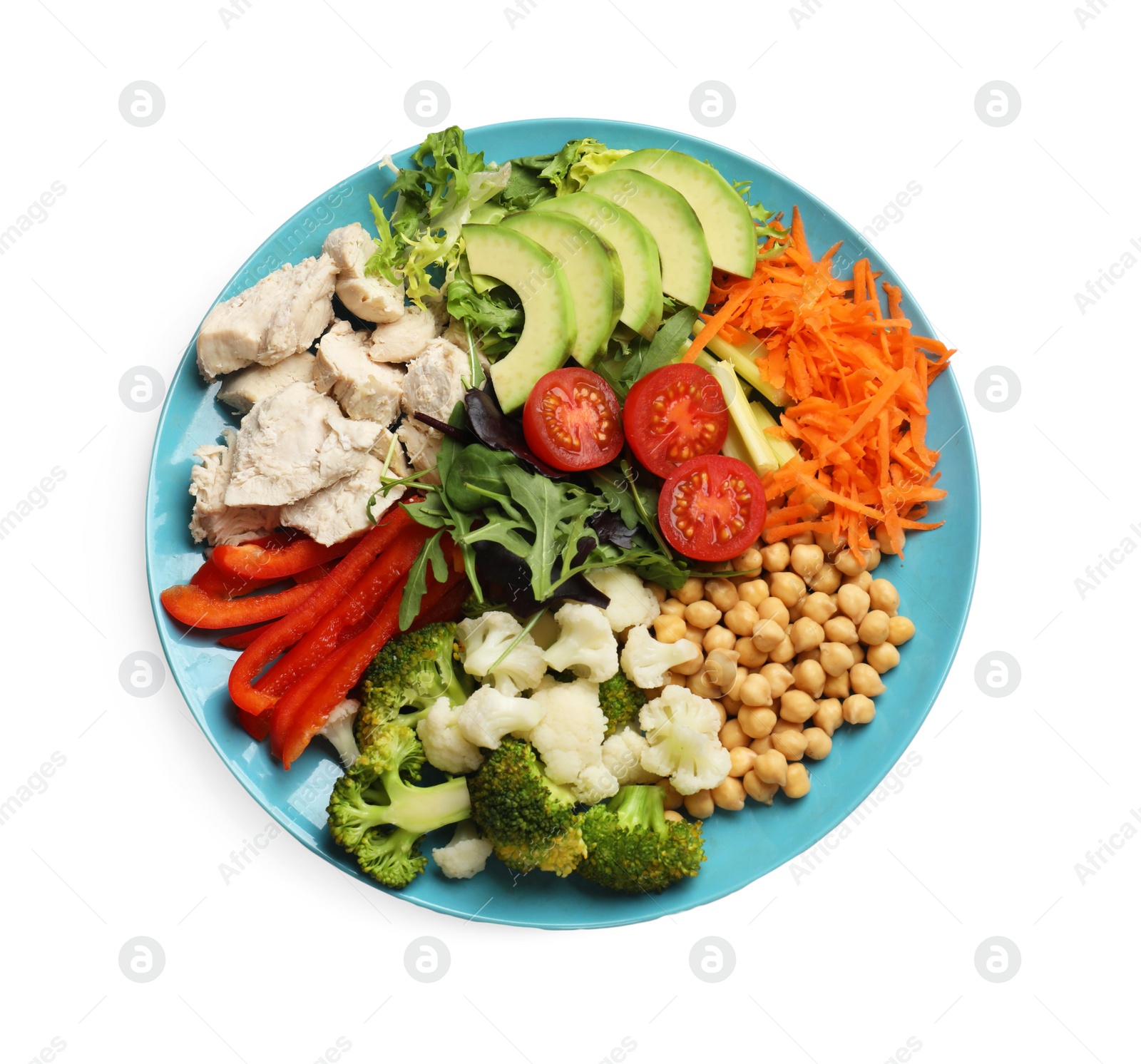 Photo of Balanced diet and healthy foods. Plate with different delicious products isolated on white, top view