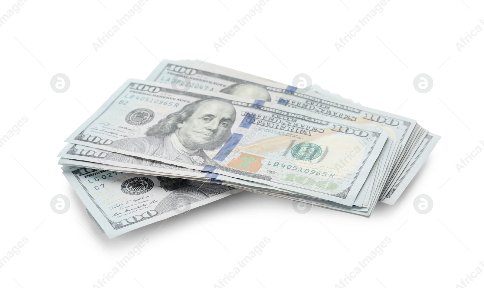 Photo of Many dollar banknotes on white background. American national currency