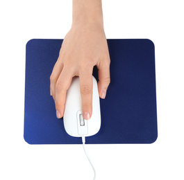 Woman with wired mouse and blue pad isolated on white, top view