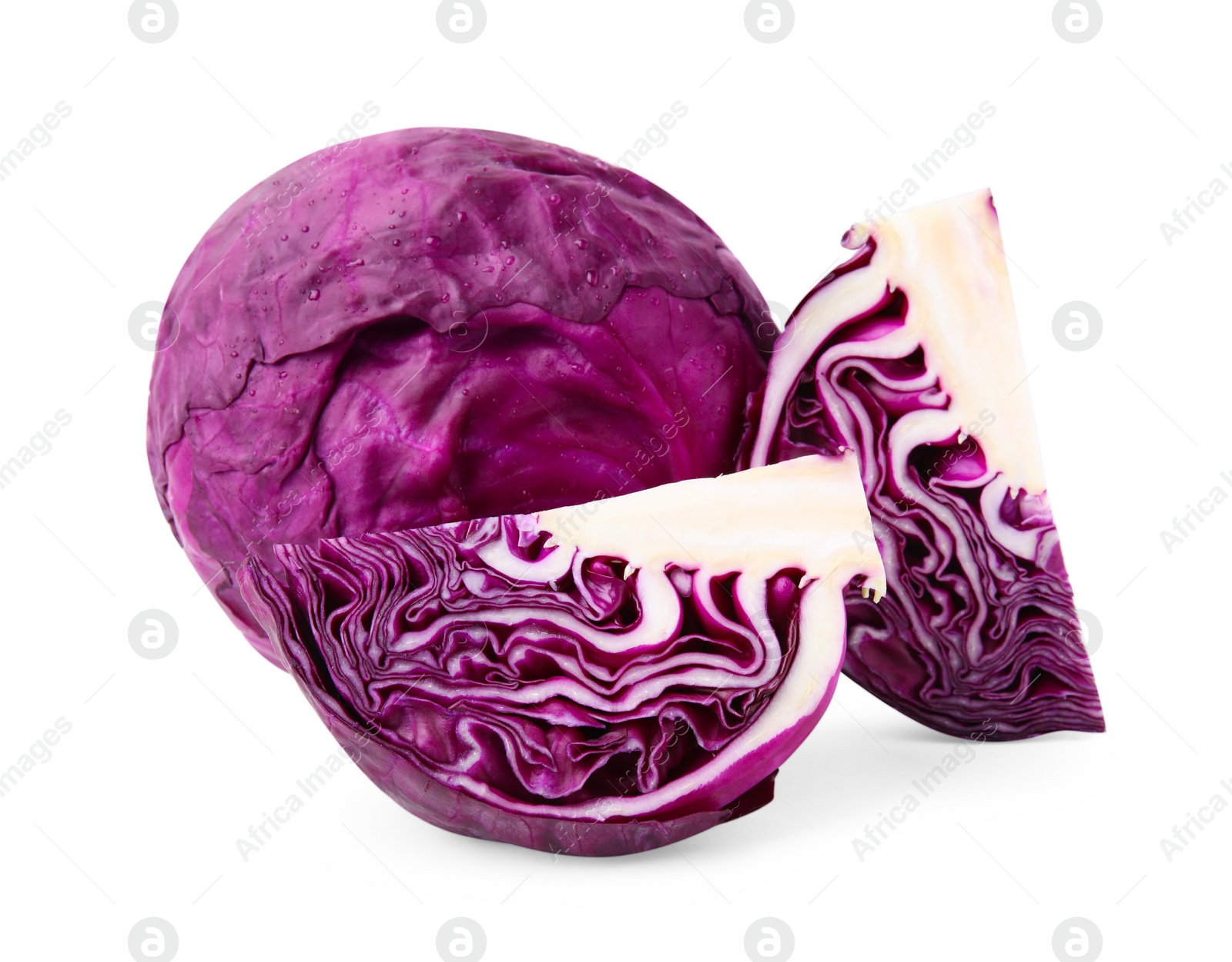 Photo of Whole and cut fresh red cabbages with water drops isolated on white